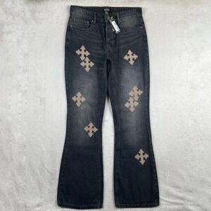 BoohooMAN  Flare Jeans Mens 30 Black Cross Embroidered Slim Flare Cotton Opium